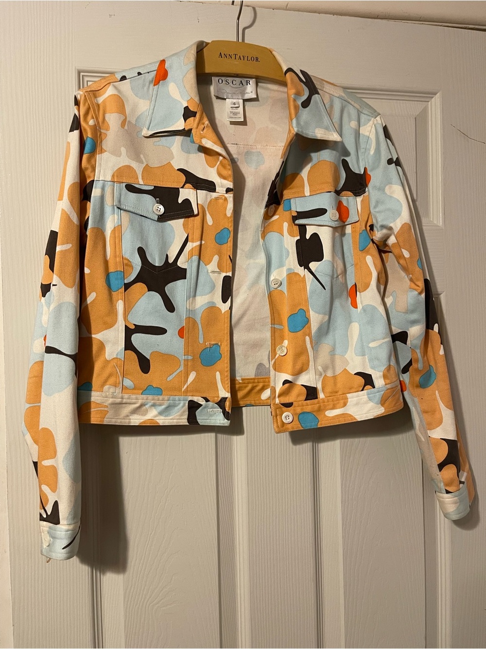 Oscar de la Renta Painted Print Cotton Jacket in Light Blue, Peach, Tan & Brown
